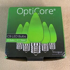Wintergreen Christmas Lights OptiCore C9 LED Green Opaque Bulbs Pack of 25 EUC